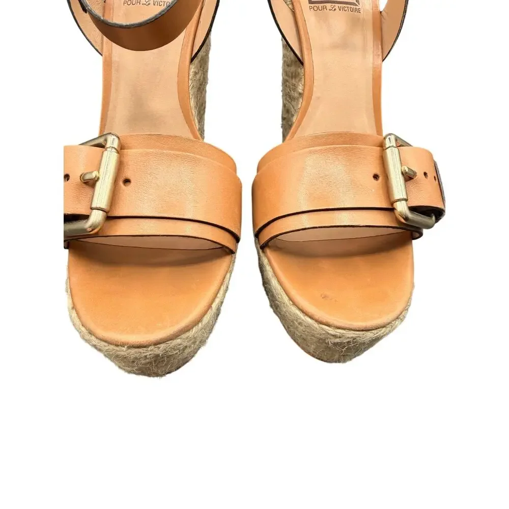 Pour La Victoire Espadrille Wedge Sandals Brown Leather Size 8